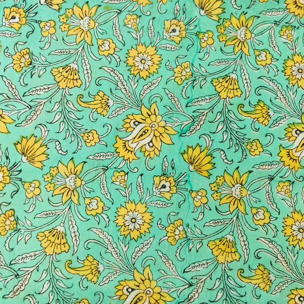 Pure Cotton Jaipuri Cyan With Yellow Floral Jaal Hand Block Print Blouse Fabric ( 1.20 Meter )