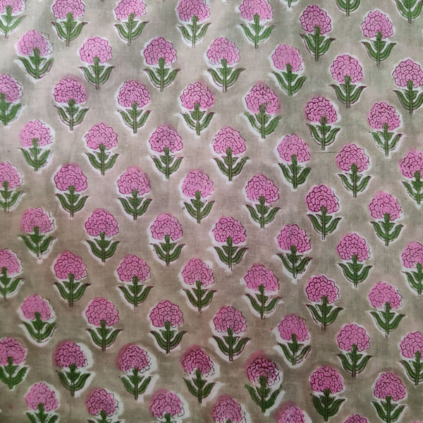 Pure Cotton Jaipuri Green Grey With Pink Lillies Jaal Hand Block Print Fabric Blouse Piece (0.80 Meter)