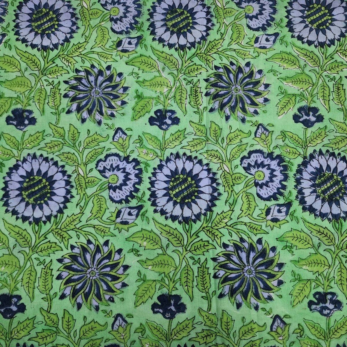 Pure Cotton Jaipuri Green With Blue Sun Flower Wild Floraal Jaal Hand ...