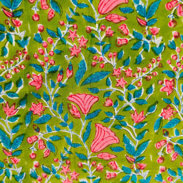 Pure Cotton Jaipuri Green With Pink And Blue Flower Jaal Hand Block Print blouse Fabric ( 1 meter )