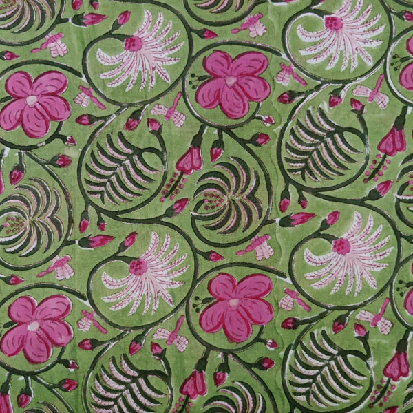 Pure Cotton Jaipuri Green With Pink And White Wild Floral Curvy Jaal Hand Block Print Blouse Fabric 0.80 CM