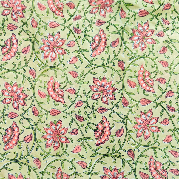 Pure Cotton Jaipuri Green With Pink Flower Hand Block Print Fabric Blouse Piece (1 Meter)