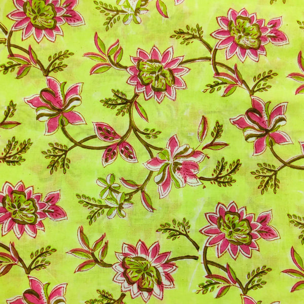 Pure Cotton Jaipuri Green With Pink Flower Jaal Hand Block Print blouse piece Fabric (0.90 meter)