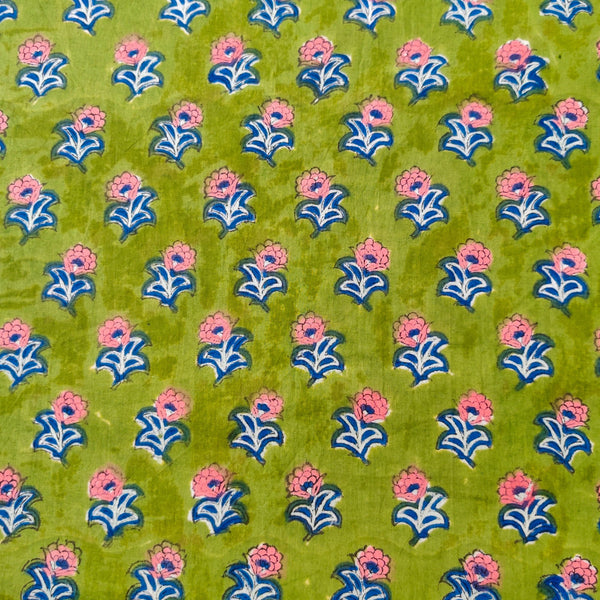 Pure Cotton Jaipuri Green With Tiny Pink And Blue Plant Hand Block Print Blouse piece Fabric(0.80 meter)