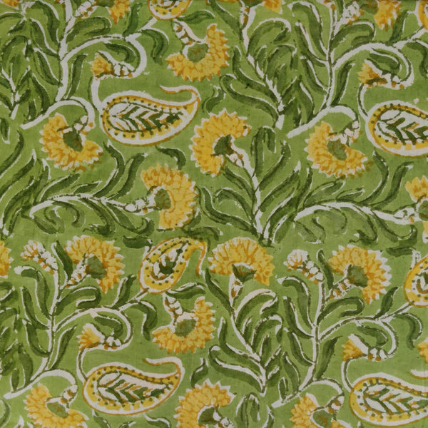 Pre-Cut (1.25 Meter )Pure Cotton Jaipuri Green With Yellow Kairi And Flower Jaal Hand Block Print Fabric