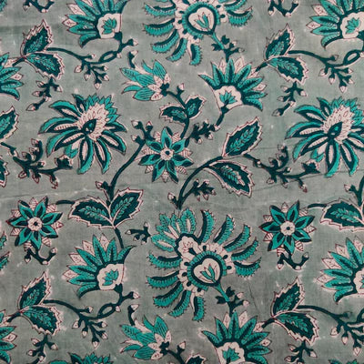 Pure Cotton Jaipuri Greenish Teal Wit Wild Wild Flower Jaal Hand Block Print Blouse Fabric ( 1 Meter )