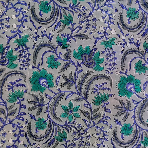 Pure Cotton Jaipuri Grey Brown With Teal Flower Jaal Hand Block Print blouse piece Fabric( 0.80 meter)