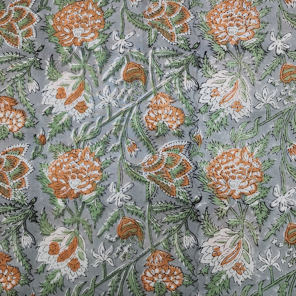 Pure Cotton JaipuriGrey With Orange Brown Wild Floral Jaal Hand Block Print Fabric