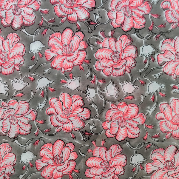 Pre-cut 1.45 meter Pure Cotton Jaipuri Grey With Pink White Floral jaal Hand Block Print Fabric