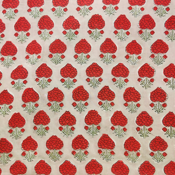 Pure Cotton Jaipuri Grey With Red Poppy Bud Hand Block Print blouse Fabric ( 0.90 meter )