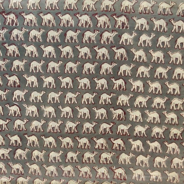 Pre-Cut 1.85 Meters Pure Cotton Jaipuri Grey With Tiny Camel Hand Block Print Fabric