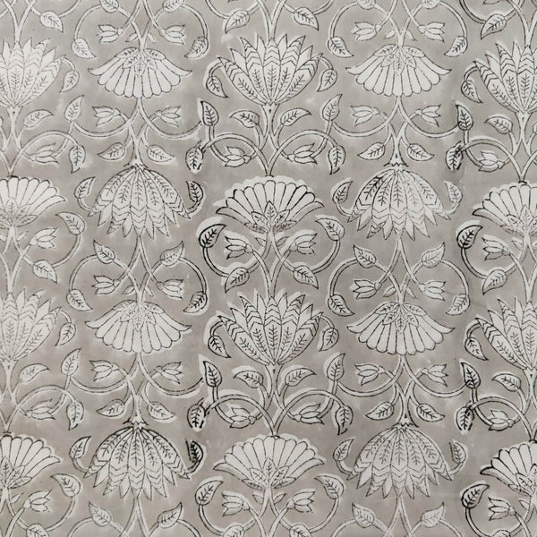 Precut 1.75 Meter Pure Cotton Jaipuri Grey With White Floral Jaal Hand Bock Print Fabric