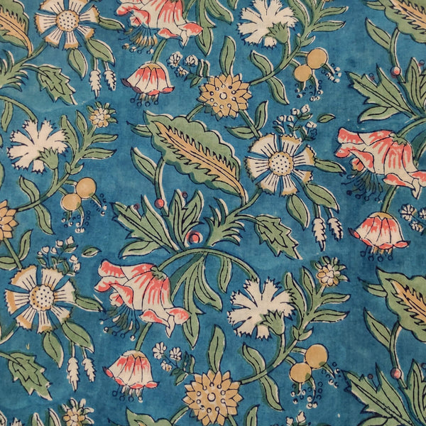 Pure CottonJaipuri Greyish Blue With Wild Flower Hand Block Print Fabric