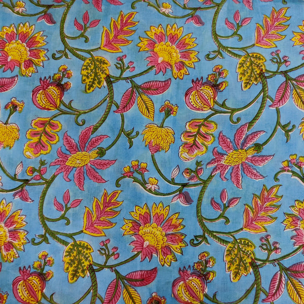 Pure Cotton Jaipuri Light Blue With Pink And Yellow Wild Jaal Hand Block Print Blouse Fabric ( 1.30 Meters  )