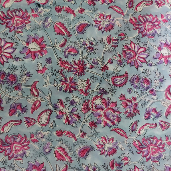 Pre-Cut 1.75 Meter Pure Cotton Jaipuri Light Blue With Shades Of Pink Wild Floral Hand Block Print Fabric