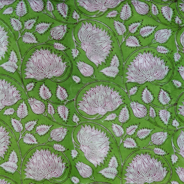 Precut 2 Meter Pure Cotton Jaipuri Light Green With Big Wild Lotus Jaal Hand Block Print Fabric