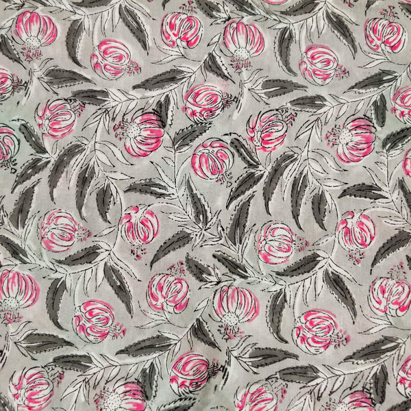 Pure Cotton Jaipuri Light Grey With Pink Opium Poppy Jaal Hand Block Print blouse Fabric ( 90 cm )