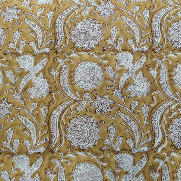 Pre-Cut 1.70 Meter Pure Cotton Jaipuri Mustard With Foral Jaal Hand Block Print Fabric