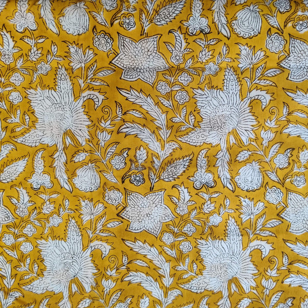 Pure Cotton Jaipuri Mustard Yellow With Wild Flower Jaal Hand Block Print Blouse Fabric ( 80 cm )