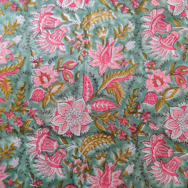 Pure Cotton Jaipuri Ocean Green With Pink Wild Flower Jaal Hand Block Print Blouse Fabric ( 1 Meter )