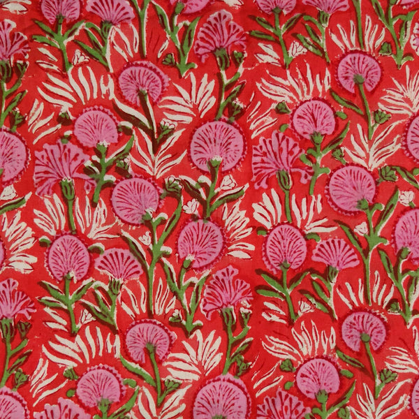 Pure Cotton Jaipuri Orange With Pink Floral Garden Hand Block Print Blouse Fabric ( 80 cm )