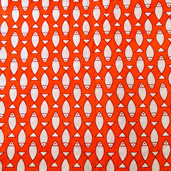 Pre-cut( 1.55 meter)Pure Cotton Jaipuri Orange With White Fish Hand Block Print Fabric