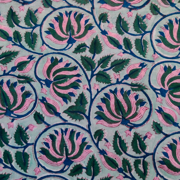 Pure Cotton Jaipuri Pastel Blue With Pink And Green Lotus Jaal Hand Block Print Blouse Piece Fabric(85 cm )