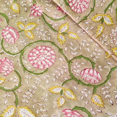 Pure Cotton Jaipuri Pastel Chicku With Simple Pink And Yellow Jaal Hand Block Print blouse Fabric