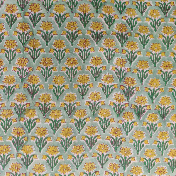 Pure Cotton Jaipuri Pastel Green With Yellow Flowers Hand Block Print Blouse Fabric ( 80 CM )