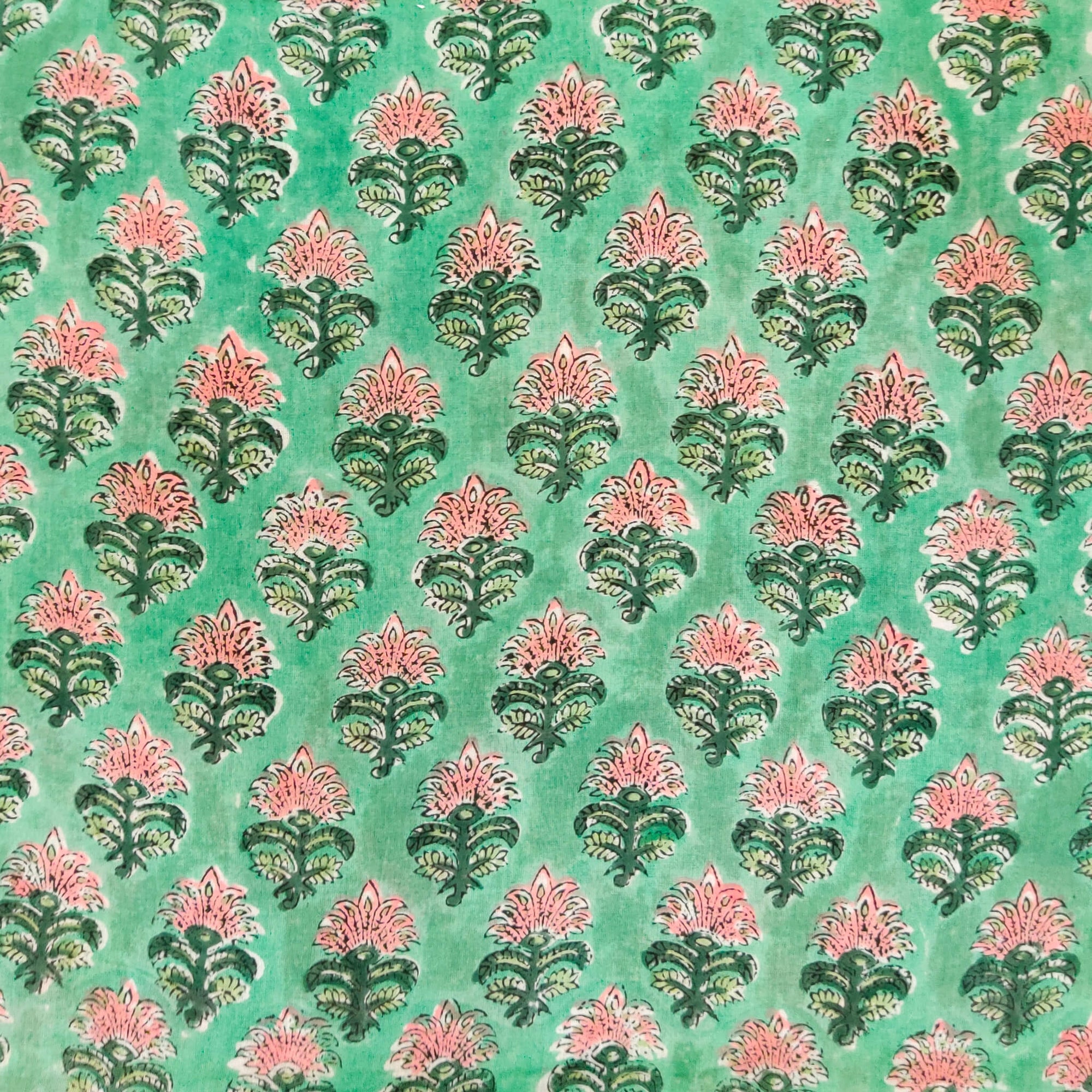 Pure Cotton Jaipuri Pastel Jade With Pink Flower Motif hand Block Prin -  Sanskruti