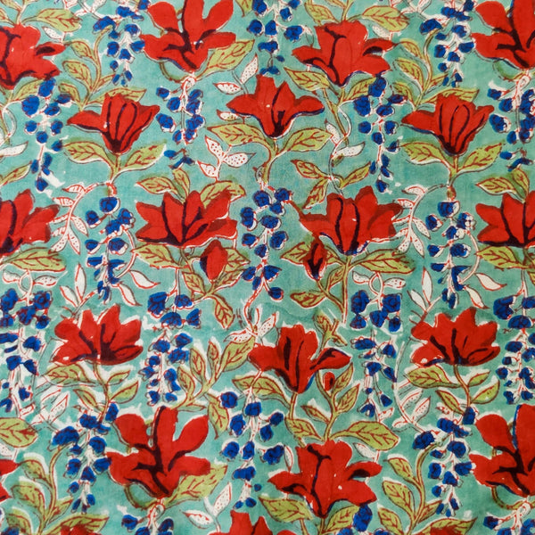 Pure Cotton Jaipuri Pastel Sea Red Royal Blue Floral Jaal Hand Block Print Blouse Fabric ( 80 CM )