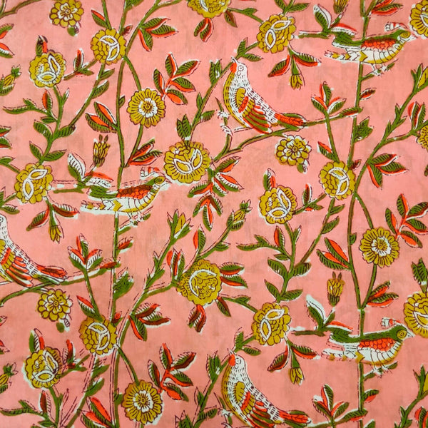 Pure Cotton Jaipuri Light Pink Peach With Bird On The Tree Hand Block Print Blouse Fabric ( 1 Meter )