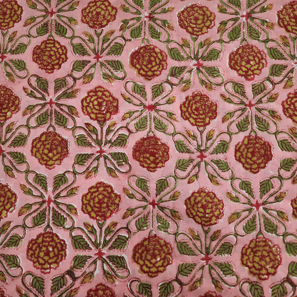 Pure Cotton Jaipuri Peach With Marrigold Jaali Geometric All Over Pattern Hand Block Print Fabric