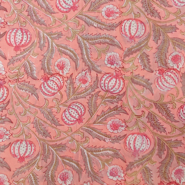 Pre-cut 1.5 meter Pure Cotton Jaipuri Peach With Pink Poppy Jaal Hand Block Print Fabric