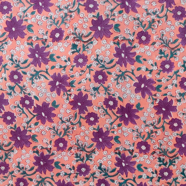 Precut 2.44 Meter Pure Cotton Jaipuri Peach With Purple Floral Jaal Hand Block Print Fabric