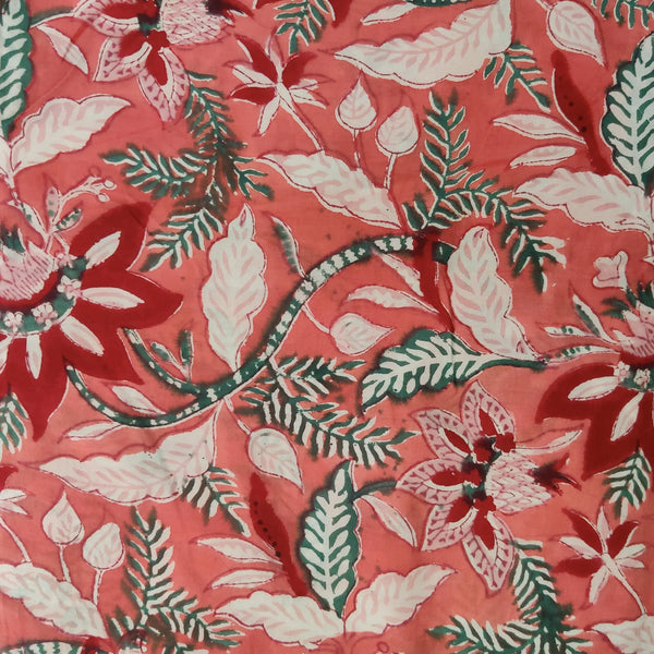 Pre-cut 2 meter  Pure Cotton Jaipuri Peach With Red And Pink Wild Flower Jaal Hand Block Print Fabric