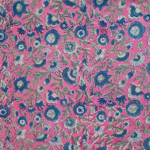 Pure Cotton Jaipuri Pink With Blue Small Wild Floral Jaal Hand Block Print Blouse Fabric ( 95 CM )