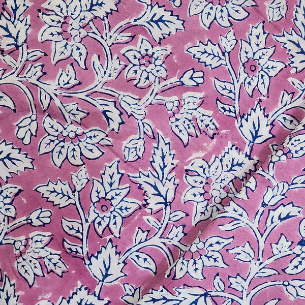 Pure Cotton Jaipuri Pink With Blue White Floral Jaal Hand Block Print -  Sanskruti