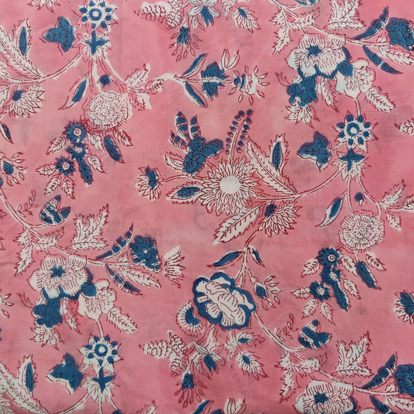 Pure Cotton Jaipuri Pink With Blue White Jaal Hand Woven Blouse Fabric ( 1 Meter )