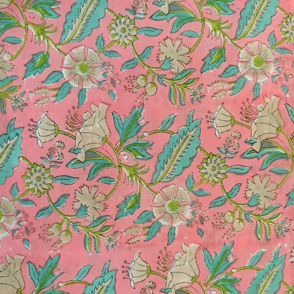 Pure Cotton Jaipuri Pink With Bue And Pastel Chicku Hand Block Print Blouse Piece Fabric (1 meter)