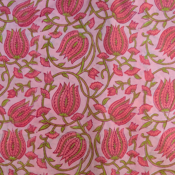 Pre-cut ( 1.25 ) Pure Cotton Jaipuri Pink With Lotus Jaal Hand Block Print Fabric