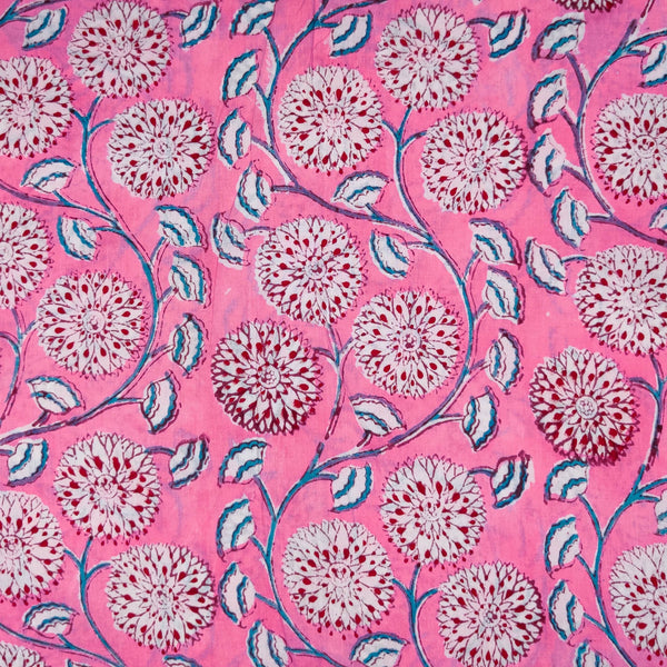 Precut 1.70 Meter Pure Cotton Jaipuri Pink With Marrigold Jaal Hand Block Print Fabric