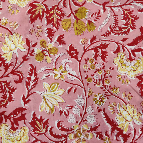 Pre-cut ( 1.80 meter )Pure Cotton Jaipuri Pink With Mustard And Maroon Jaal Hand Block Print Fabric