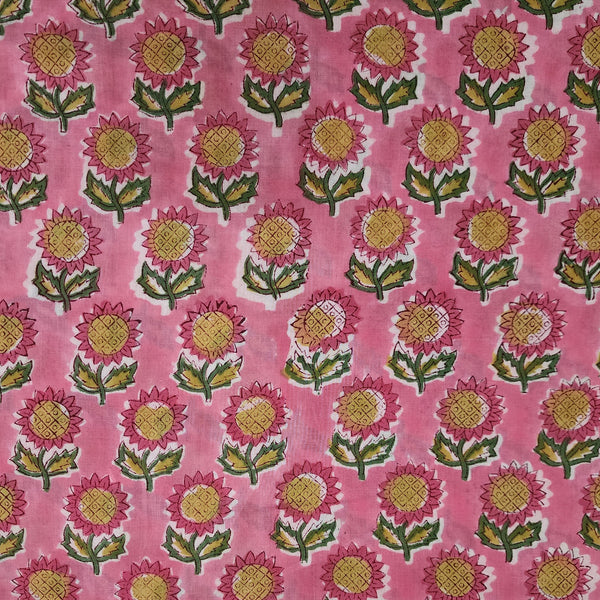 Precut 2 Meter Pure Cotton Jaipuri Pink With Pink Sun Flowers Hand Block Print Fabric