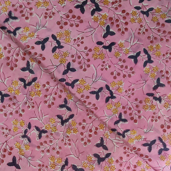 Pure Cotton Jaipuri Pink With Small Red And Yellow Fruit Jaal Hand Block Print Blouse Fabric ( 95 CM )