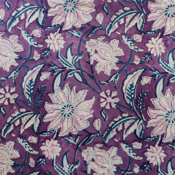 Pure Cotton Jaipuri Purple With Pink Big Flower Jaal Hand Block Print Blouse Fabric ( 95 CM )