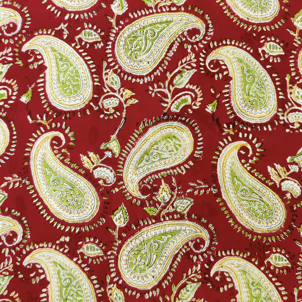 Pre-Cut 1.75 Meter Pure Cotton Jaipuri Red With Green Cream Kairi Jaal Hand Block Print Fabric