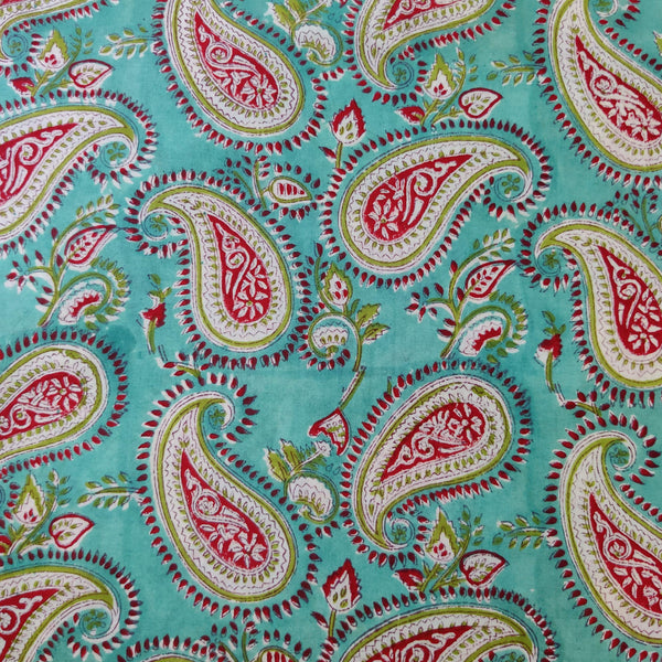 Pre-cut 1.30 meter Pure Cotton Jaipuri Sea Blue With Red Cream Kairi Jaal Hand Block Print Fabric