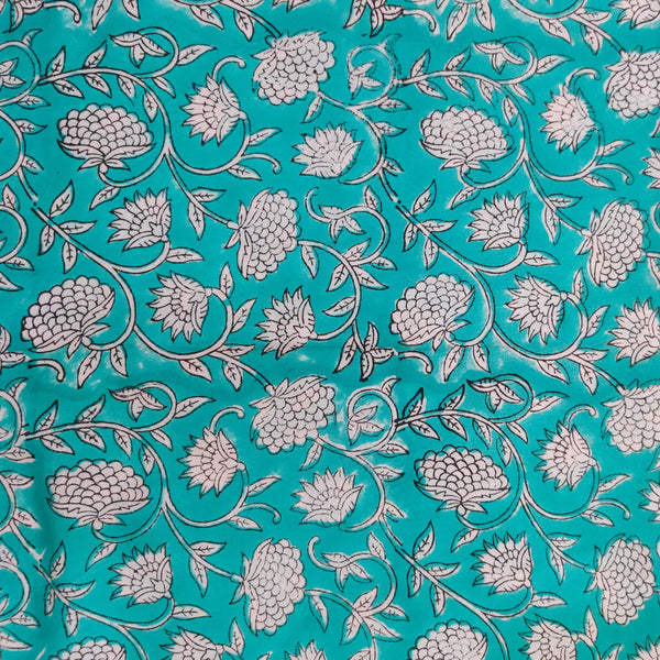 Pure Cotton Jaipuri Sea Blue With White Floral Jaal Hand Block Print Blouse Piece Fabric (1.20 Meter)