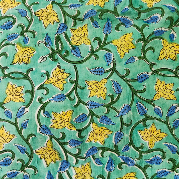 Pure Cotton Jaipuri Sea Blue With Yellow Flower Jaal Hand Block Print Blouse Fabric ( 1.25 Meter )